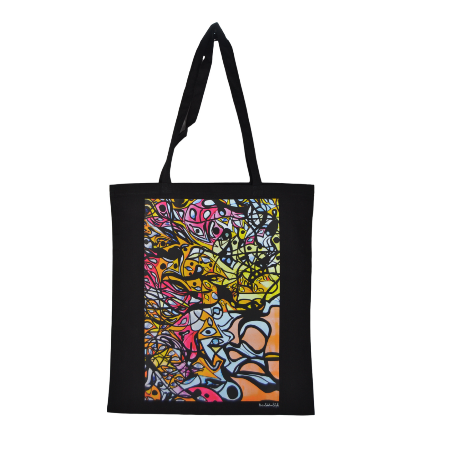 Bolso de tela negro con estampado de diseño artístico abstracto colorido