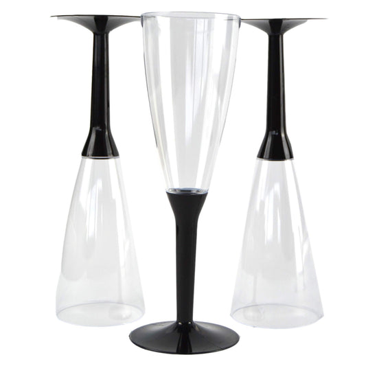 50 flûtes jetables en plastique transparent avec pied noir, idéales pour le champagne, le prosecco et les apéritifs