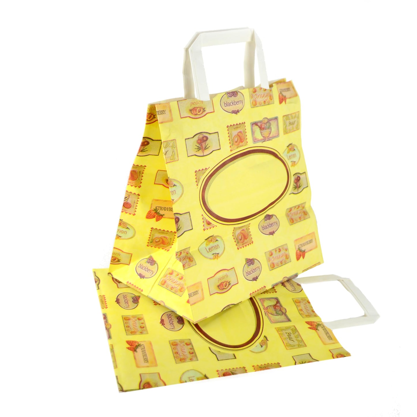 50 bolsas con asas de papel decoradas para llevar.