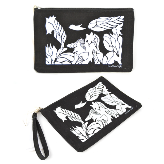 Trousse de toilette pochette sacoche imprimé artistique noir et blanc