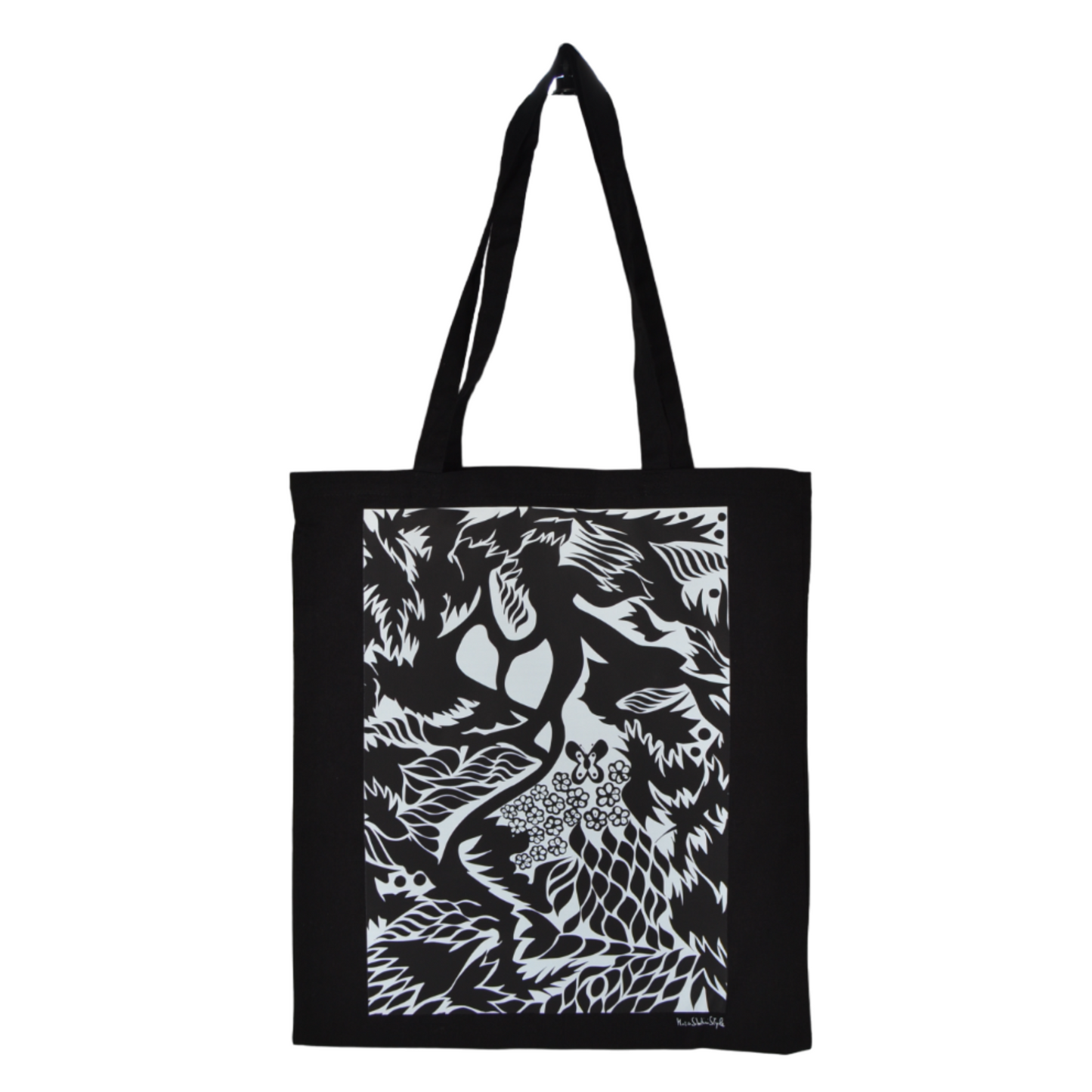 Shopper in tela nera borsa disegno stampa artistica astratta con manici