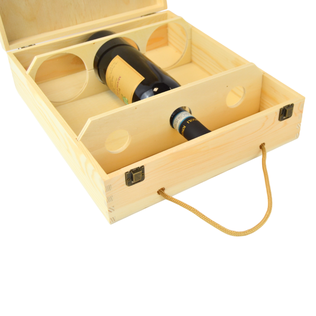 1 caja de vino de madera (x 3 botellas) portabotellas con asas de cuerda