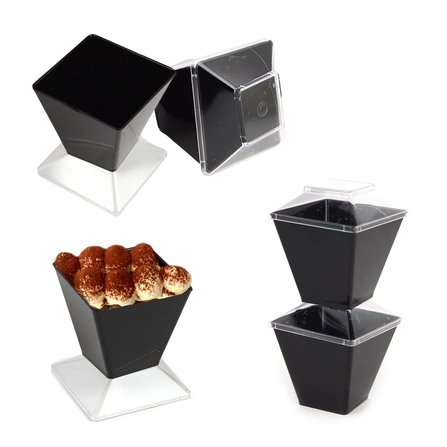 50 coupelles individuelles noires à fond carré pour desserts, bonbons, mousses à fond transparent