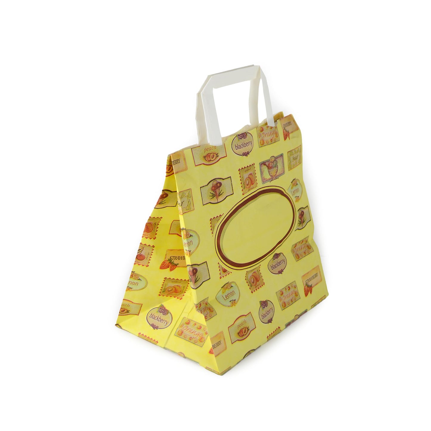 50 bolsas con asas de papel decoradas para llevar.