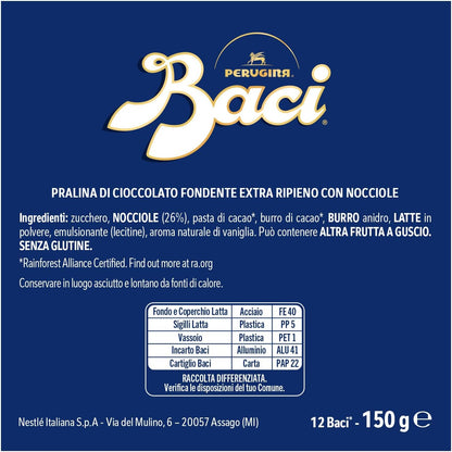 BACI PERUGINA Cioccolatini Fondenti ripieni al Gianduia, Latta Regalo Bacio 150g