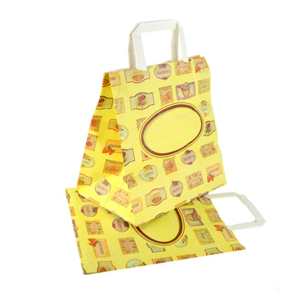 50 bolsas con asas de papel decoradas para llevar.