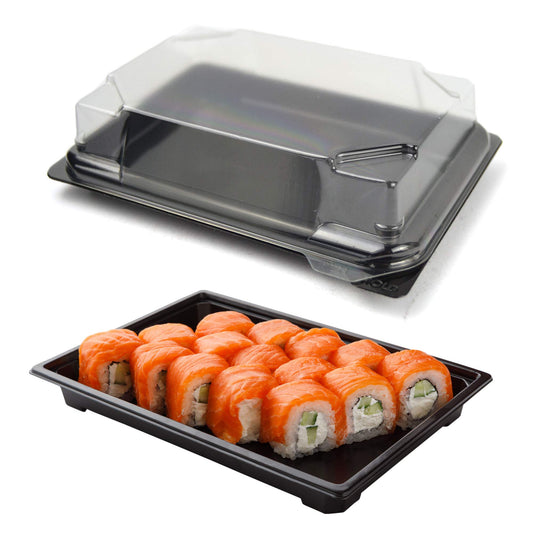 pz 25 vaschetta nera per sushi, sashimi, pesce ideale per l'asporto di circa 6/8 porzioni + coperchio