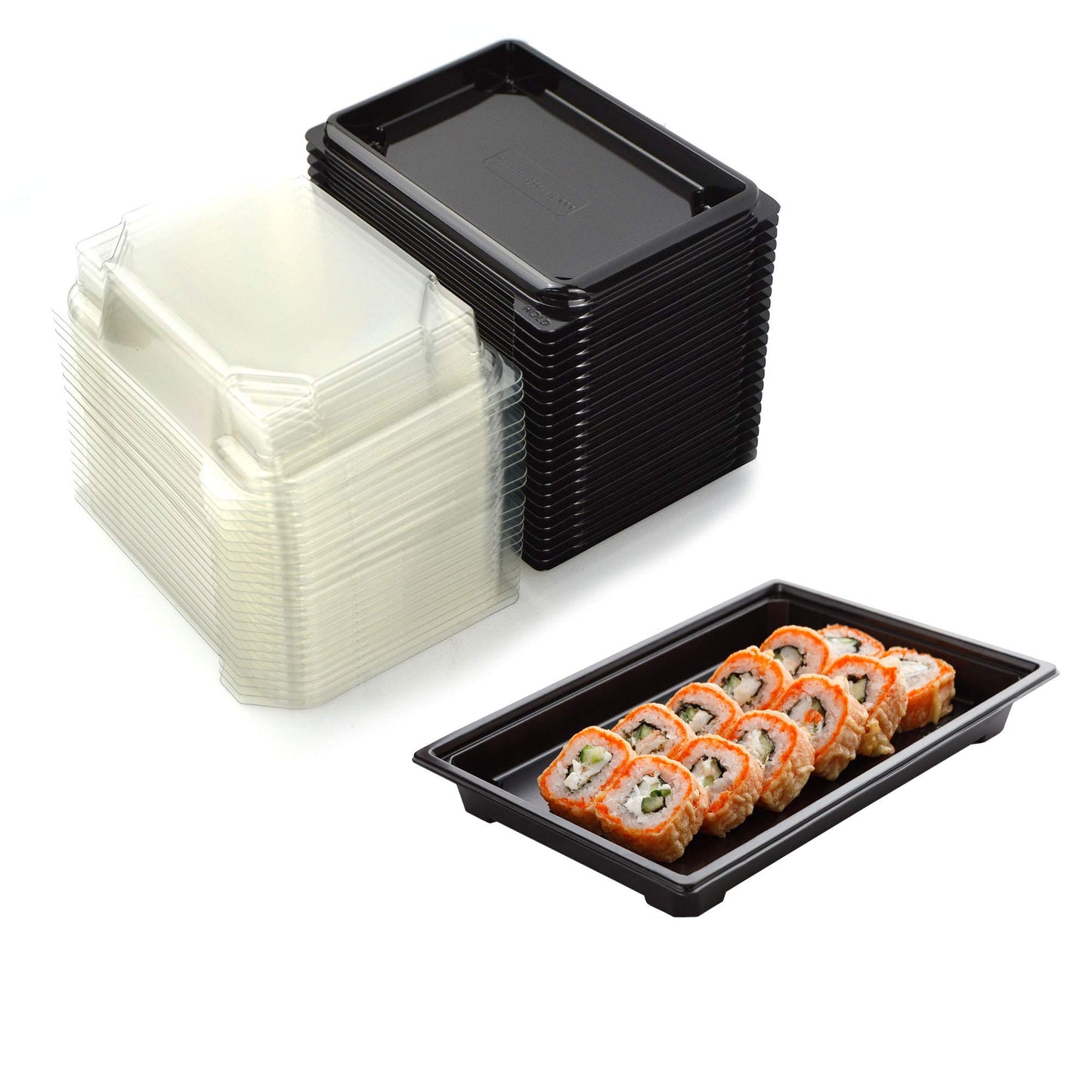 Plateau noir de 25 pièces pour sushi, sashimi, poisson idéal pour emporter d'environ 3/6 portions + couvercle