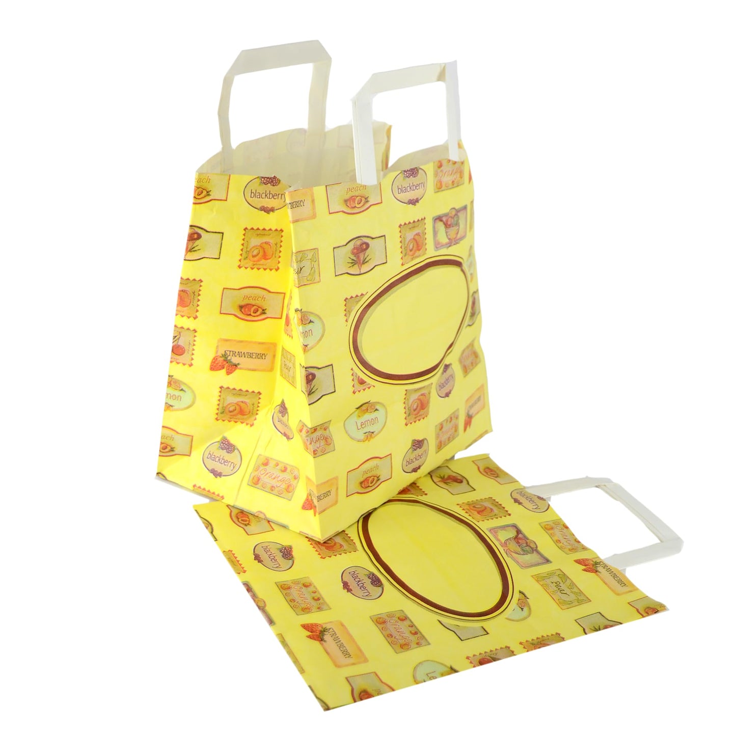 50 bolsas con asas de papel decoradas para llevar.