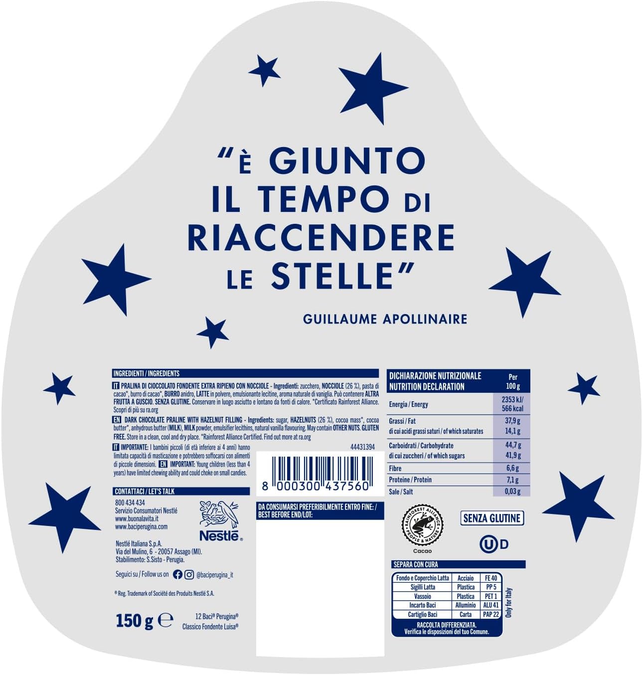 BACI PERUGINA Cioccolatini Fondenti ripieni al Gianduia, Latta Regalo Bacio 150g