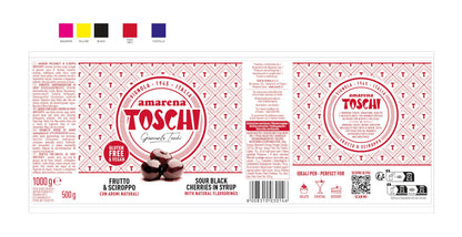 Amarena Toschi 1kg candite allo sciroppo (50%frutta e 50%sciroppo) per decorazione gelati e dolci