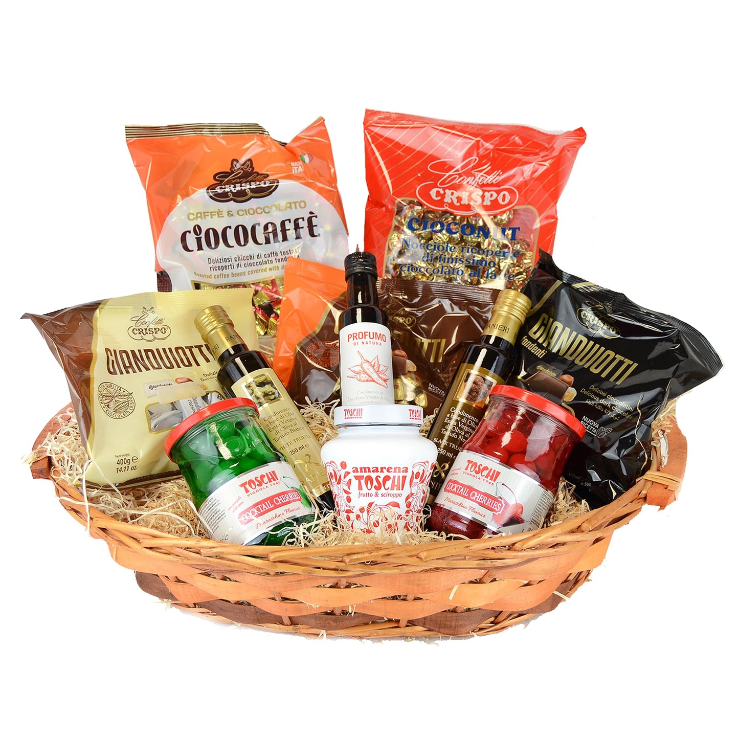 CESTO FESTE CON CILIEGIE VERDI E ROSSE CANDITE, AMARENE TOSCHI IN CONTENITORE CERAMICA DECORATO, OLIO AL TARTUFO BIANCO E NERO E OLIO AL PEPERONCINO + SELEZIONE DI CIOCCOLATINI CESTO REGALO