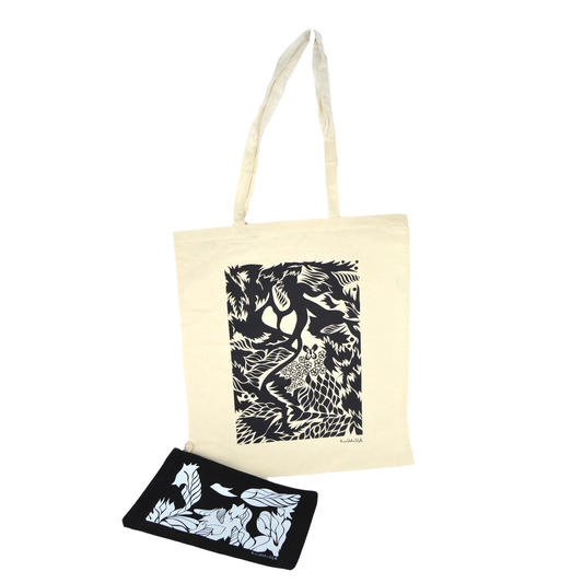 Set 1 shopper in tela stampa astratta + 1 pochette in tessuto beauty case borsetta