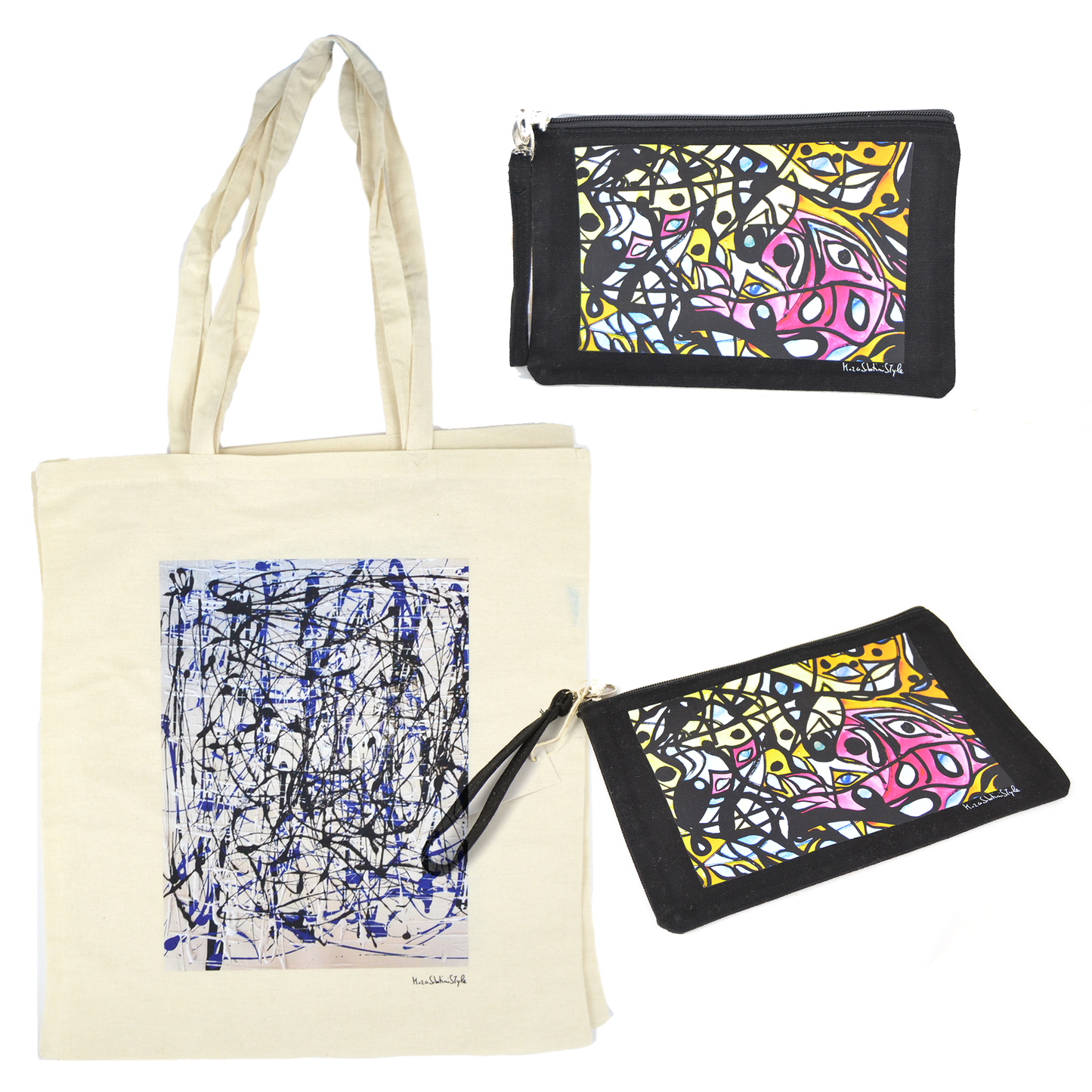 Ensemble 1 sac cabas en toile à imprimé abstrait + 1 pochette en tissu trousse de beauté sac à main