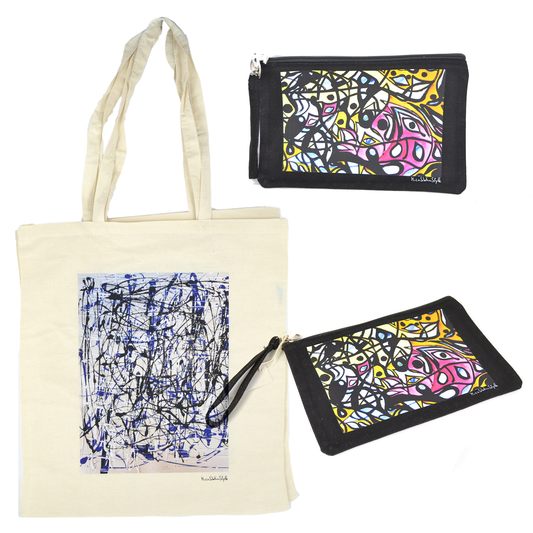 Set 1 shopper in tela stampa astratta + 1 pochette in tessuto beauty case borsetta