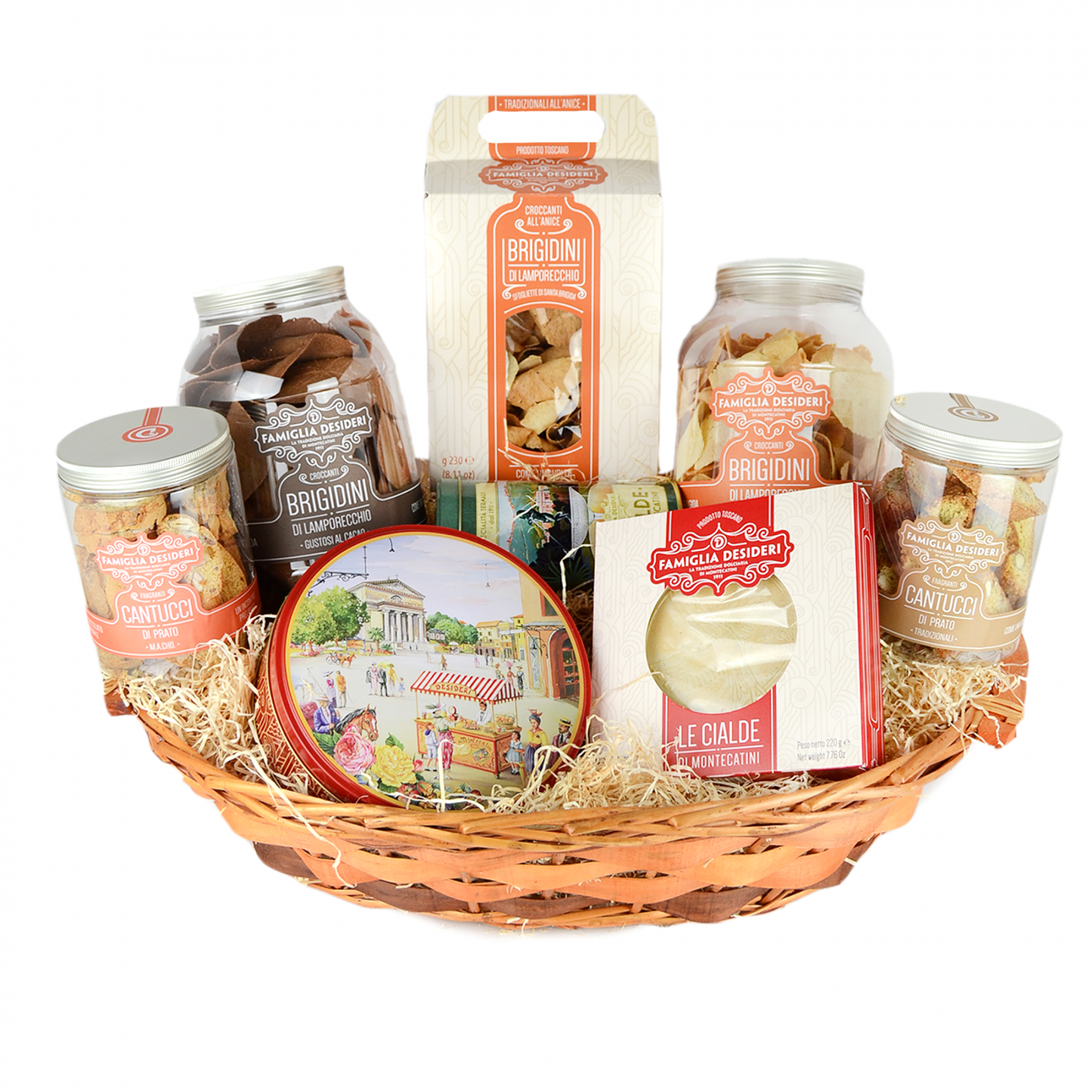 cesto natalizio con mix di cialde montecatini, cantucci, brigidini al cacao e brigidini all'anice per regalo natale, cesto regalo gift