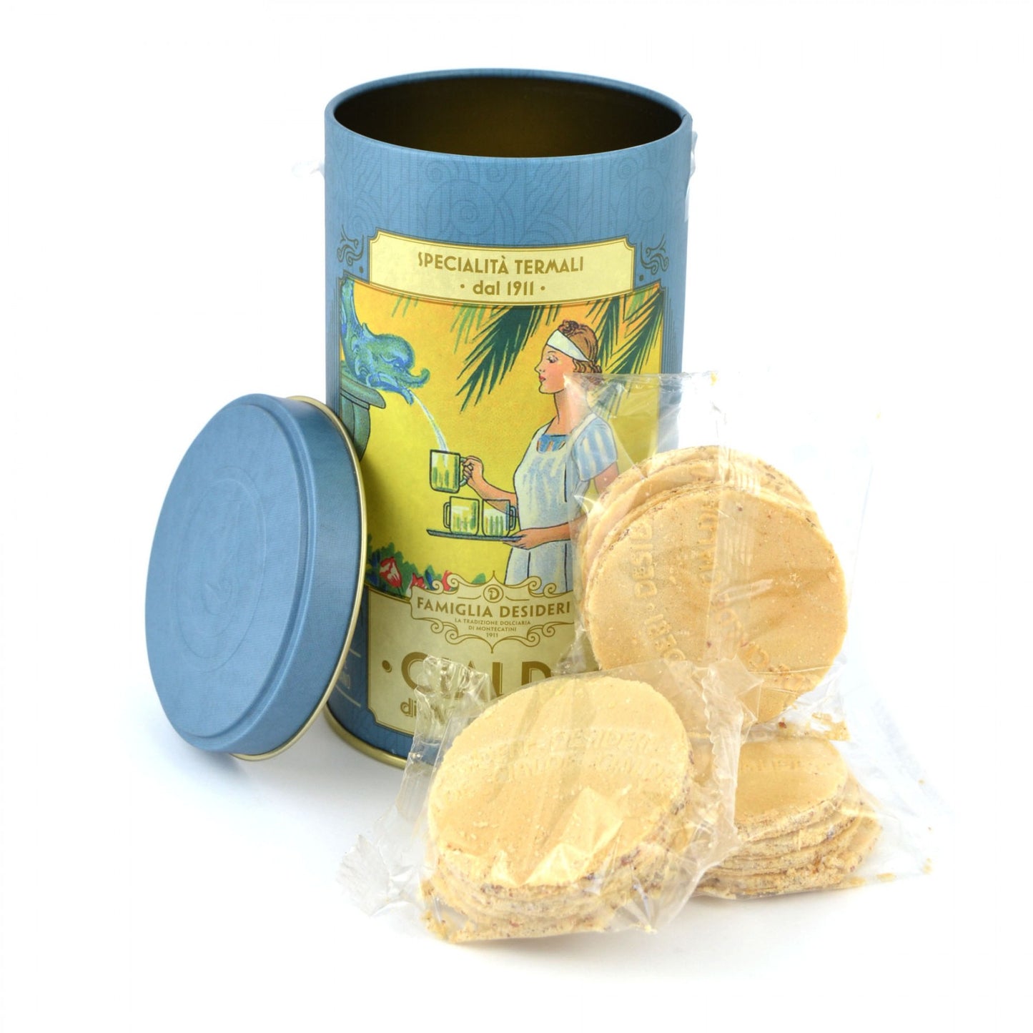 gr 120 di cialde di montecatini in barattolo di latta, prodotto dolciario