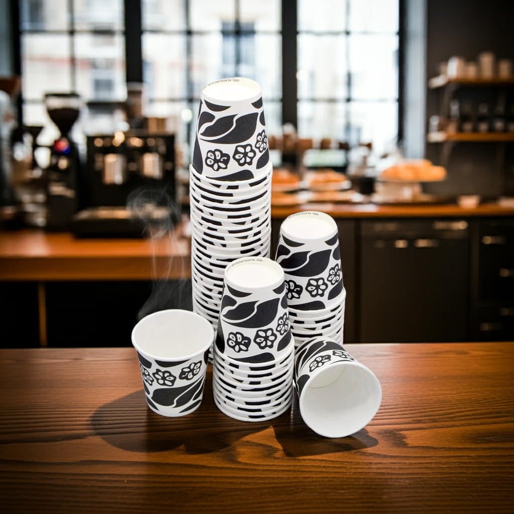 Stock da 100 pezzi di bicchieri monouso in carta neri Cellucup per forniture bar.