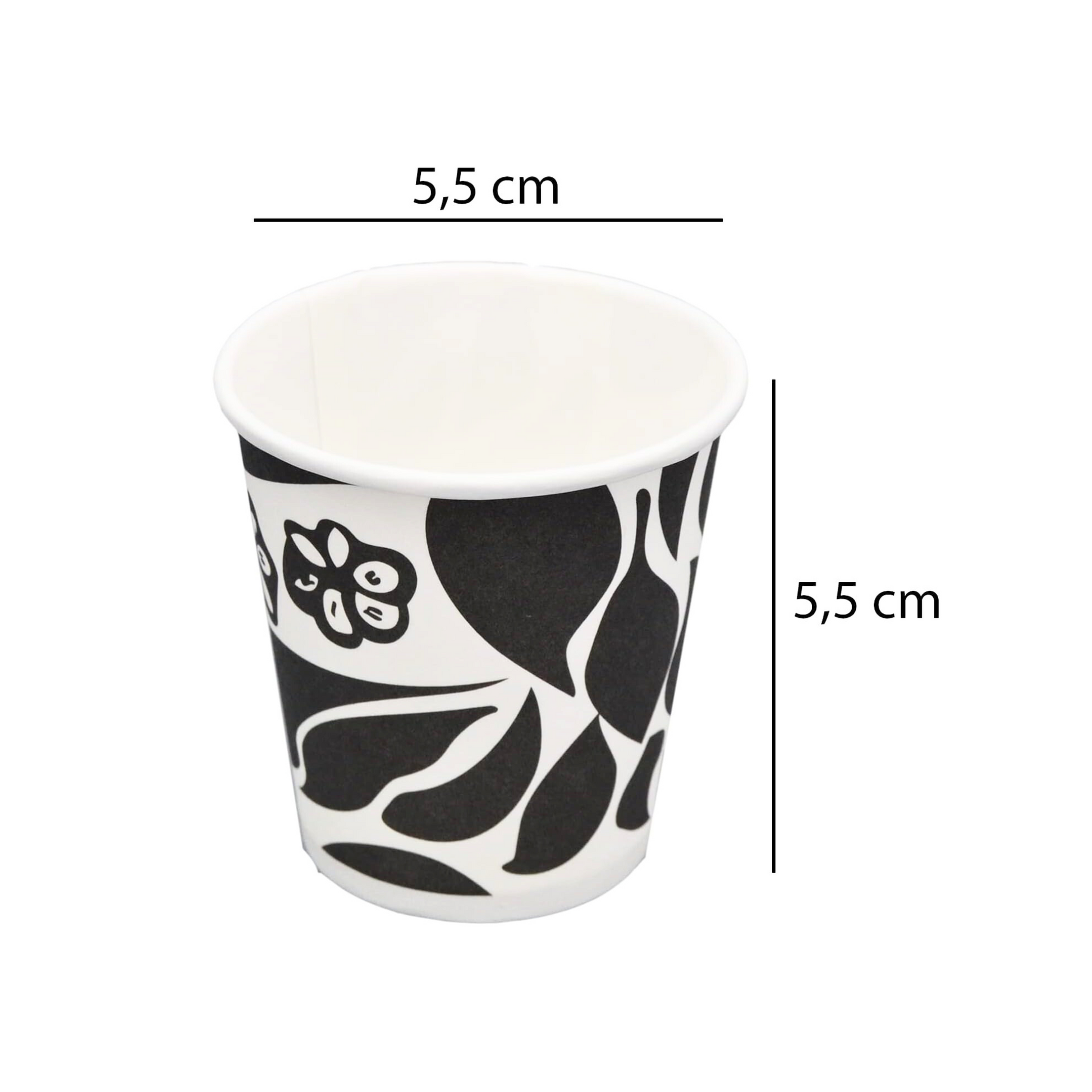 Dettaglio delle misure del bicchiere in carta nero con diametro 5,5 cm e altezza 5,5 cm.