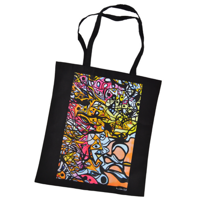 Bolso de tela negro con estampado de diseño artístico abstracto colorido